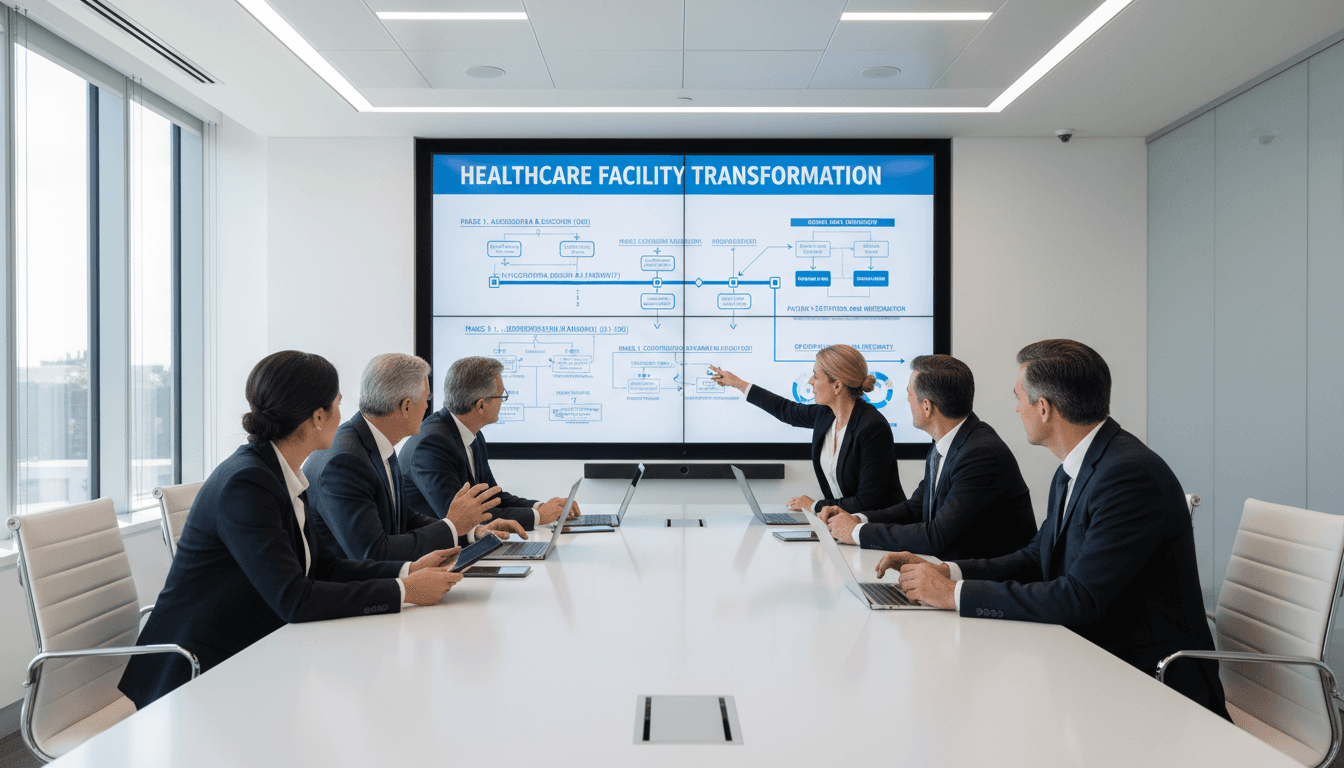 Strategic planning session for healthcare facility transformation with team reviewing project roadmap