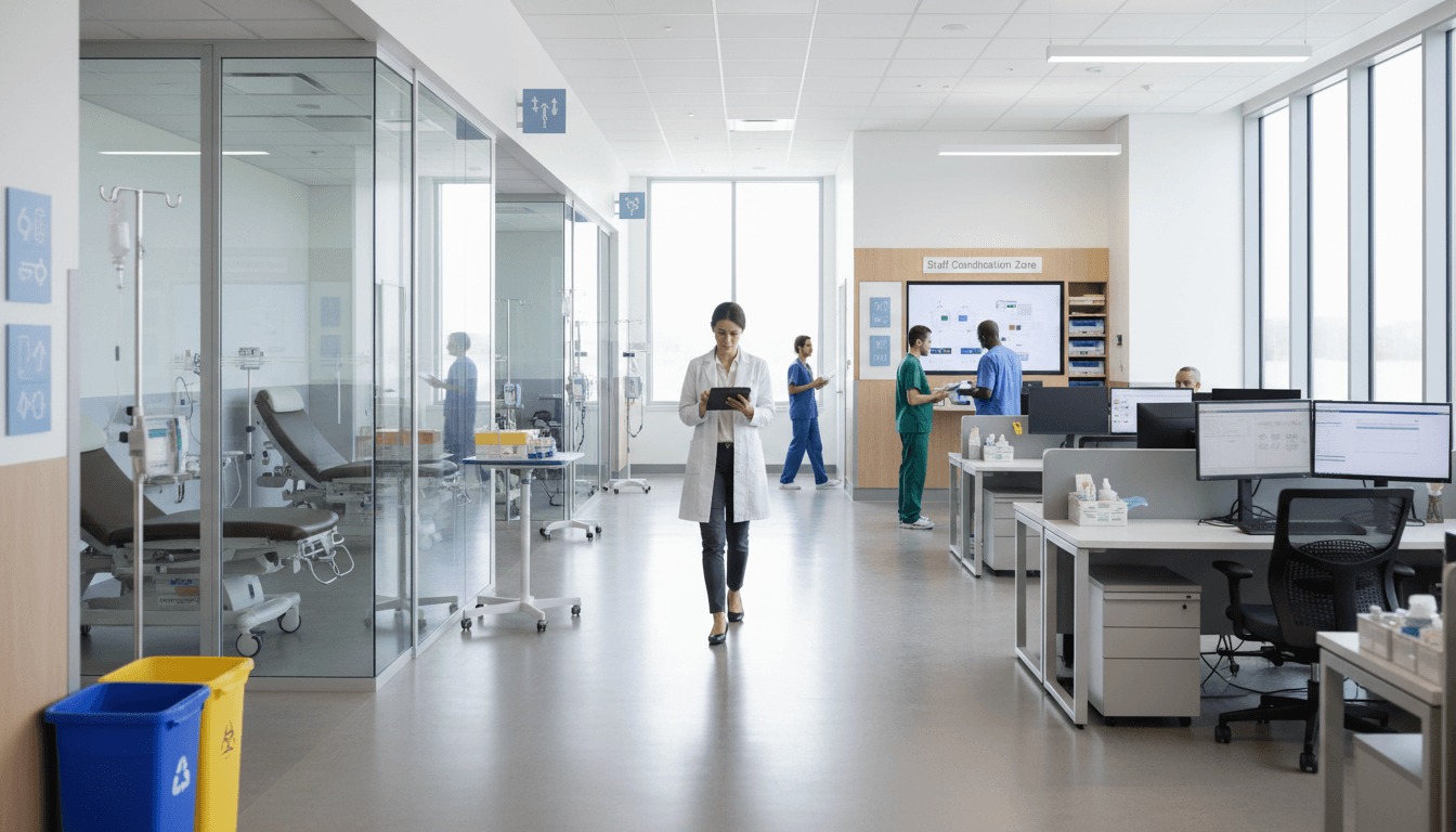Consultant reviewing operational assessment notes while walking through hospital clinical and administrative areas